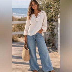 Anne Carson 100% Linen White Lace Embroidered Blouse Bell Sleeves Sz L